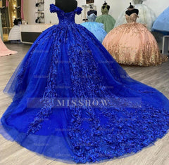 Elegant Royal Blue Off-the-Shoulder Floral Applique Beaded Ball Gown Quinceanera Dress