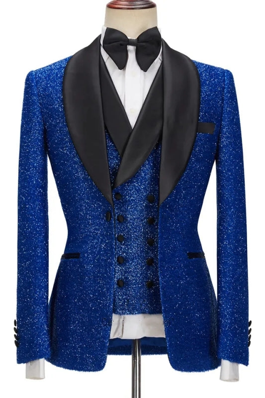 Elegant Royal Blue Sequins Shawl Collar Three-Piece Wedding Outfit