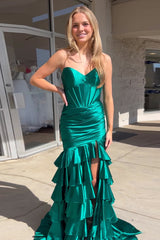 Elegant Royal Blue Sweetheart Mermaid Corset Prom Gown with Tiered Satin Skirt and Slit