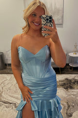 Elegant Royal Blue Sweetheart Mermaid Corset Prom Gown with Tiered Satin Skirt and Slit