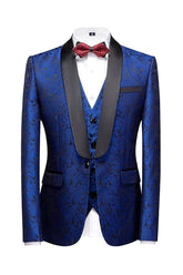 Elegant Royal Blue Three-Piece Jacquard Groom's Suit