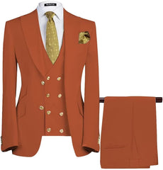 Elegant Rust Red Three-Piece Peaked Lapel Prom Ensemble For Men
