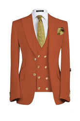 Elegant Rust Red Three-Piece Peaked Lapel Prom Ensemble For Men
