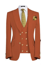 Elegant Rust Red Three-Piece Peaked Lapel Prom Ensemble For Men