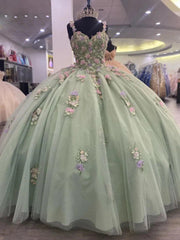 Elegant Sage Green Sweetheart Sleeveless 3D Floral Applique Ball Gown Quinceanera Dress