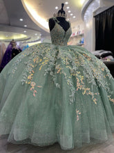 Elegant Sage Green V-Neck Sleeveless Lace Applique Bow Ball Gown Quinceanera Dress