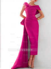 Elegant Satin Formal Gown with Feather Bow(s) - One Shoulder Sleeveless Sheath/Column and Sweep/Brush Train