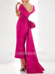 Elegant Satin Formal Gown with Feather Bow(s) - One Shoulder Sleeveless Sheath/Column and Sweep/Brush Train