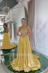 Elegant Sequins Formal Dress Gold Black Long Sleeveless Halter