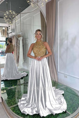 Elegant Sequins Formal Dress Gold Black Long Sleeveless Halter