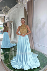 Elegant Sequins Formal Dress Gold Black Long Sleeveless Halter