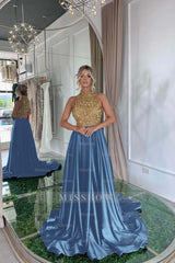 Elegant Sequins Formal Dress Gold Black Long Sleeveless Halter