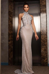 Elegant Silver High-Neck Sleeveless Column Formal Dress with Rhinestones