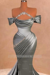 Elegant Silver Mermaid Strapless Halter Off-The-Shoulder Beaded Long Satin Evening Dresses With Ruffles