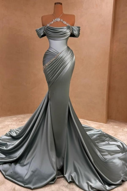 Elegant Silver Mermaid Strapless Halter Off-The-Shoulder Beaded Long Satin Evening Dresses With Ruffles