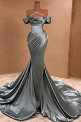 Elegant Silver Mermaid Strapless Halter Off-The-Shoulder Beaded Long Satin Evening Dresses With Ruffles