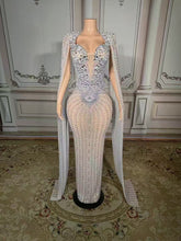 Elegant Silver V-Neck Column Beaded Cap Sleeveless Floor-Length Slit Tulle Prom Dresses With Pearls And Rhinestones