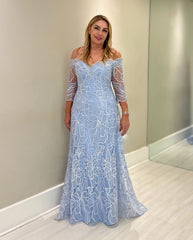 Elegant Sky Blue A-Line Strapless Off-The-Shoulder 3/4 Sleeves Long Lace Mother of the Bride Dress
