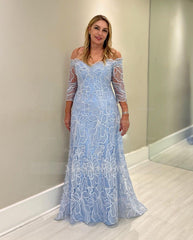 Elegant Sky Blue A-Line Strapless Off-The-Shoulder 3/4 Sleeves Long Lace Mother of the Bride Dress