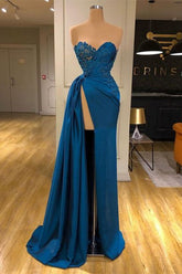 Elegant Sleeveless Mermaid Split Front Prom Evening Dresses with Lace