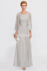 Elegant Spaghetti 3/4 Sleeves Lace Top Chiffon Mother of Bride Bridesmaid Dresses With Appliques