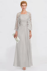 Elegant Spaghetti 3/4 Sleeves Lace Top Chiffon Mother of Bride Bridesmaid Dresses With Appliques