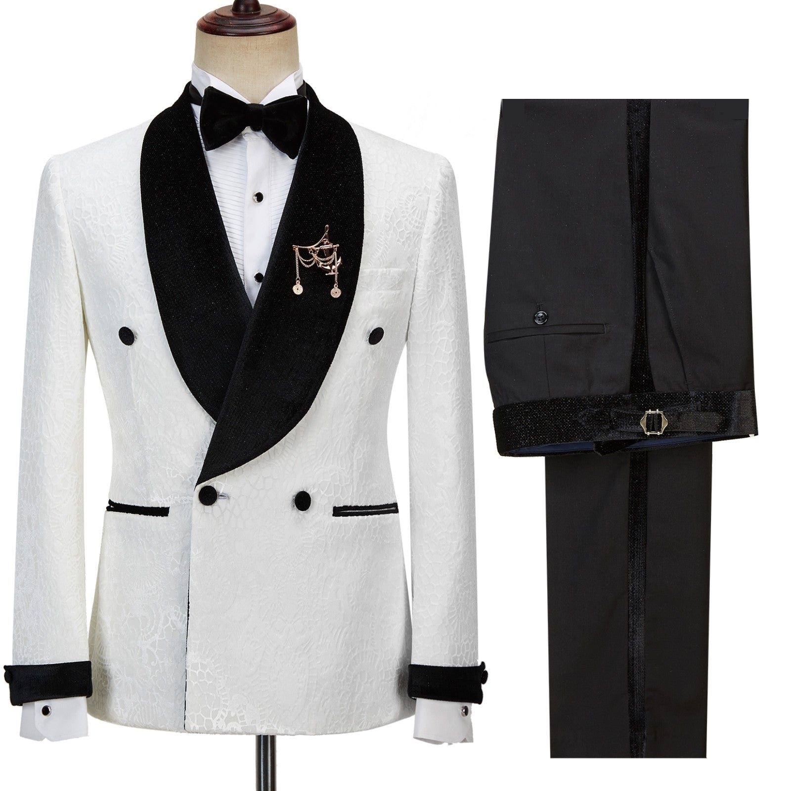 Elegant Sparkling Shawl Lapel Jacquard Double Breasted White Wedding Suits