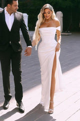 Elegant Split Front Off-The-Shoulder Stain Short Sleeves Floor-Length Wedding Dresses with Ruffles