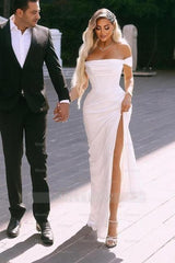 Elegant Split Front Off-The-Shoulder Stain Short Sleeves Floor-Length Wedding Dresses with Ruffles