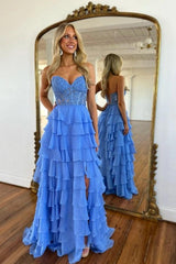 Elegant Strapless Blue Long A-line Lace Chiffon Prom Dress with Slit