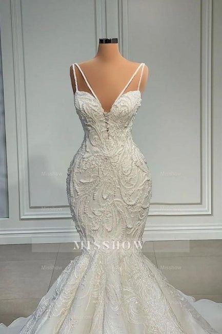 Elegant Strapless Sleeveless Mermaid Satin Floor-Length Wedding Dresses with Lace