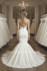 Elegant Strapless Sleeveless Mermaid Satin Floor-Length Wedding Dresses with Lace