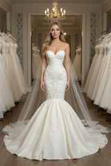 Elegant Strapless Sleeveless Mermaid Satin Floor-Length Wedding Dresses with Lace