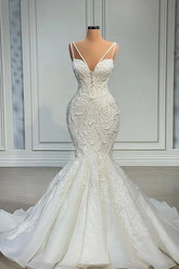 Elegant Strapless Sleeveless Mermaid Satin Floor-Length Wedding Dresses with Lace