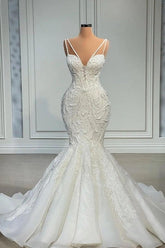 Elegant Strapless Sleeveless Mermaid Satin Floor-Length Wedding Dresses with Lace