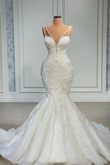Elegant Strapless Sleeveless Mermaid Satin Floor-Length Wedding Dresses with Lace