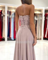 Elegant Sweetheart Appliques A-Line Ruffles Floor-length Prom Evening Dresses With Side Slit