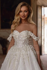 Elegant Sweetheart Off-the-shoulder Sequined Lace Ball Gown Wedding Dress With 3D Flowers