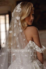 Elegant Sweetheart Off-the-shoulder Sequined Lace Ball Gown Wedding Dress With 3D Flowers