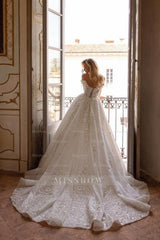 Elegant Sweetheart Off-the-shoulder Sequined Lace Ball Gown Wedding Dress With 3D Flowers