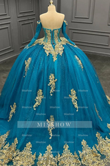 Elegant Teal Blue Off-Shoulder Long Sleeve Gold Applique Ball Gown Quinceanera Dress