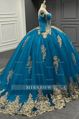Elegant Teal Blue Off-Shoulder Long Sleeve Gold Applique Ball Gown Quinceanera Dress