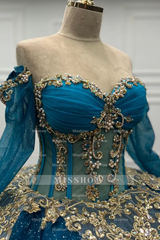 Elegant Teal Blue Off-Shoulder Long Sleeve Gold Applique Ball Gown Quinceanera Dress