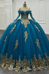 Elegant Teal Blue Off-Shoulder Long Sleeve Gold Applique Ball Gown Quinceanera Dress