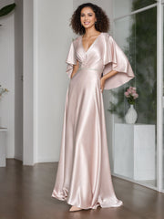 Elegant V-Neck A-Line Princess Floor-Length Mother of the Bride Dress with Short Cape Sleeves and Ruffle