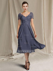 Elegant V-Neck A-Line Princess Tea-Length Dress for the Mother of the Bride