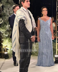 Elegant V-Neck Column Lace Sleeveless Mother of the Bride Floor-Length Wedding Guest Dresses