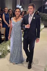 Elegant V-Neck Column Lace Sleeveless Mother of the Bride Floor-Length Wedding Guest Dresses