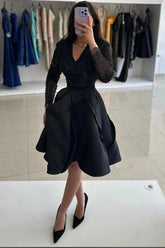 Elegant V-Neck Long Sleeve Beaded Lace Bodice Satin A-Line Tea Length Cocktail Dress