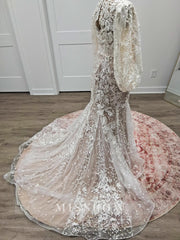 Elegant V-neck Long Sleeves Mermaid Lace Wedding Dress